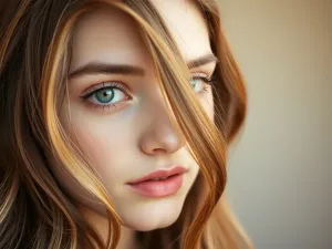 Młoda kobieta o zielonych oczach z włosami w odcieniach miedzianym i czekoladowym, pokazująca pasujące kolory włosów.