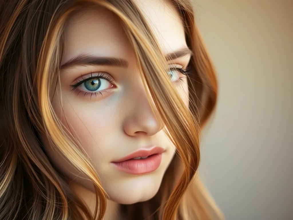 Młoda kobieta o zielonych oczach z włosami w odcieniach miedzianym i czekoladowym, pokazująca pasujące kolory włosów.