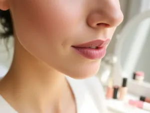 Kobieta obrysowuje usta nude konturówką, pokazując krok makijażu optycznie powiększający usta w naturalnym stylu.