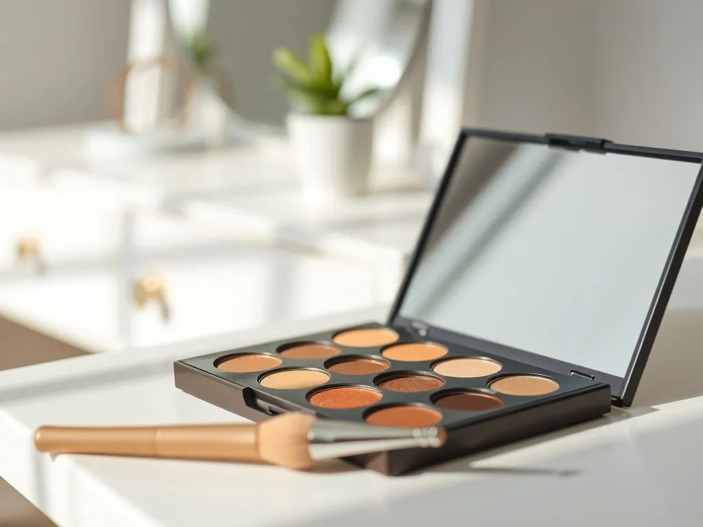Paleta cieni w ciepłych brązach i miedzi na toaletce, idealna do podkreślenia koloru niebieskich oczu