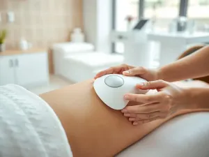 Kobieta poddawana zabiegowi endermologii na udo w nowoczesnym gabinecie, relaksująca atmosfera spa.