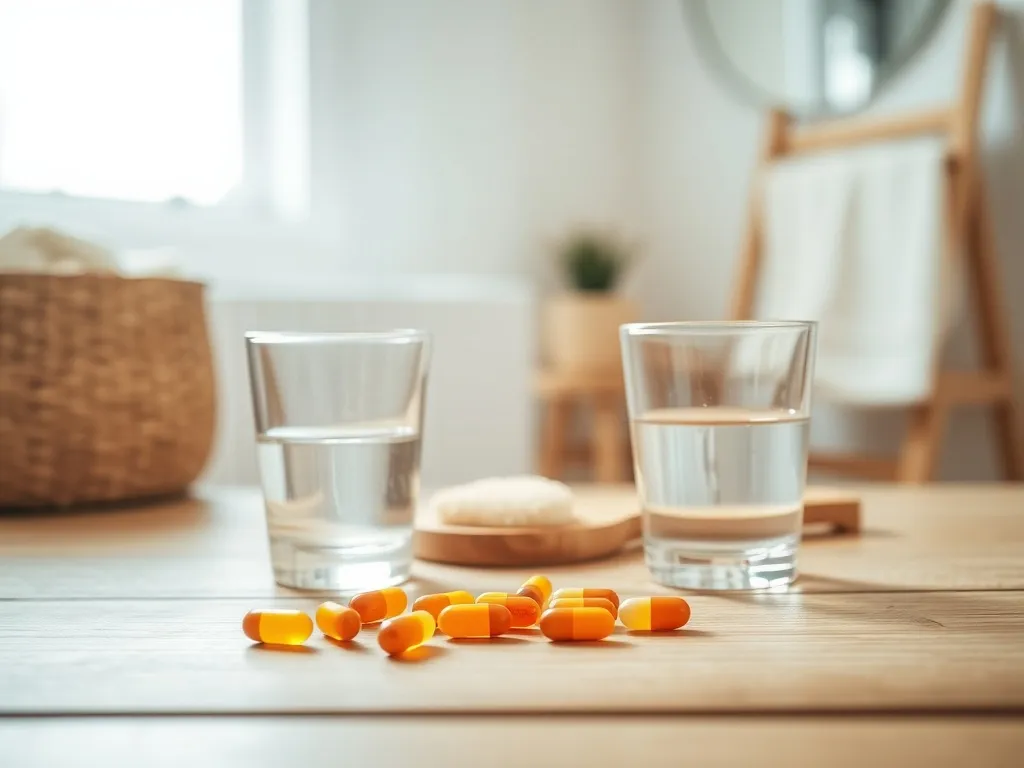 Suplementy w kapsułkach i szklanka wody obok drewnianej szczotki z włosami, sugerujące witaminy wspierające zdrowe włosy.