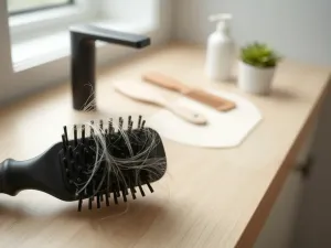 Szczotka z licznymi włosami na jasnym blacie łazienki, symbolizująca problem nadmiernego wypadania włosów.