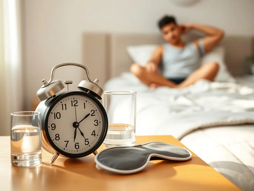 Budzik wskazujący 6:00 przy łóżku, śpiąca maska i osoba przeciągająca się po krótkim śnie, spokojna sypialnia.