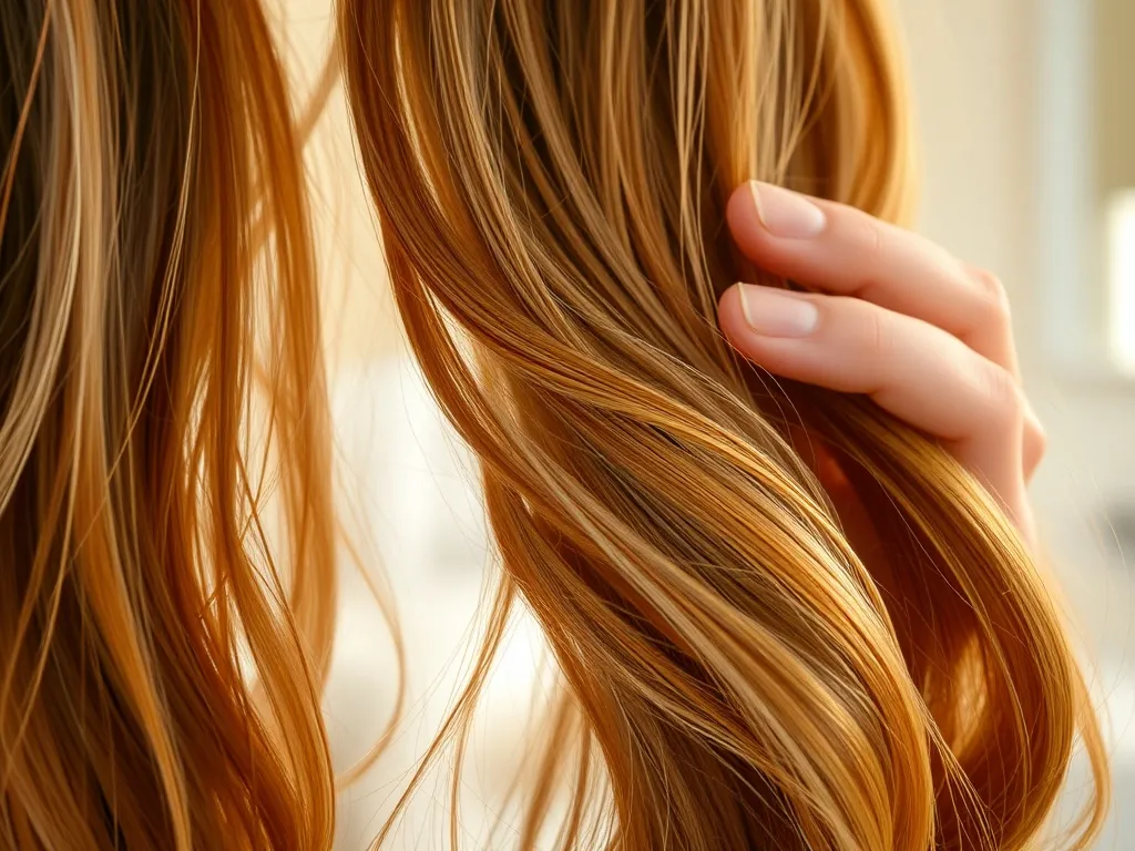 Zbliżenie na długie, falowane włosy z puszeniem i uniesionymi łuskami, delikatnie podtrzymywane palcami w naturalnym świetle.