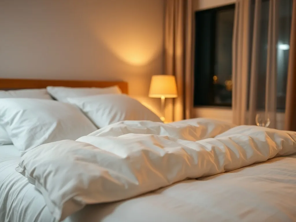 Przytulna sypialnia nocą z niepościelonym łóżkiem, miękkimi poduszkami i lampką, podkreślająca komfort zdrowego snu.