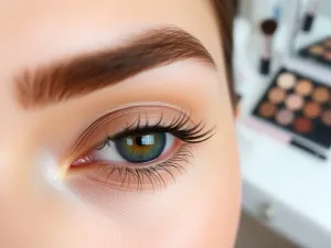 Zbliżenie oka z rozświetlonym kącikiem, eyelinerem i podkręconymi rzęsami, pokazujące optyczne powiększenie oka makijażem