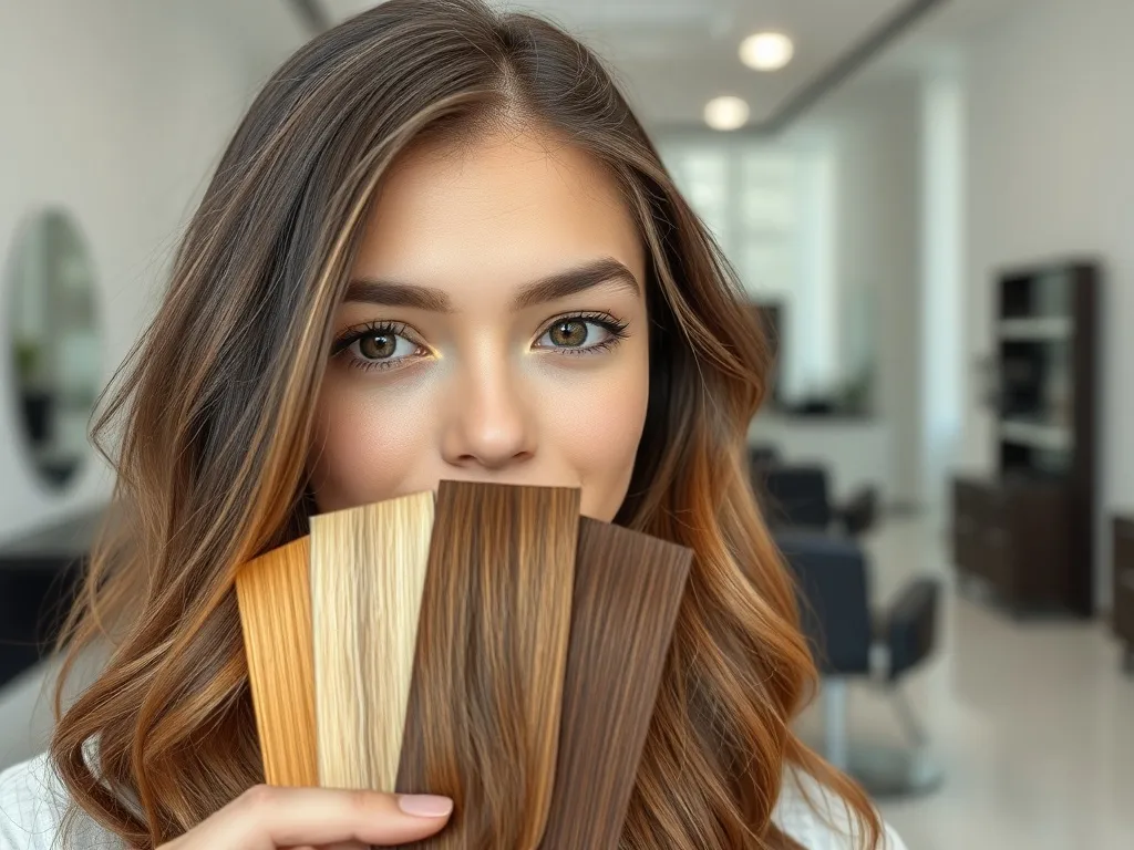 Kobieta o brązowych oczach przykłada do twarzy próbki różnych kolorów włosów, rozważając najlepszy odcień.