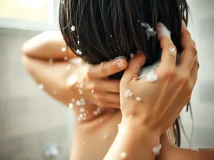 Osoba delikatnie myje mokre włosy szamponem pod prysznicem, tworząc pianę dla zdrowych, czystych i zadbanych włosów.