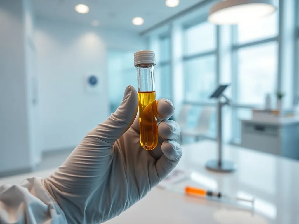 Ręka w rękawiczce trzyma probówkę z osoczem bogatopłytkowym na tle sterylnego, nowoczesnego gabinetu medycznego.