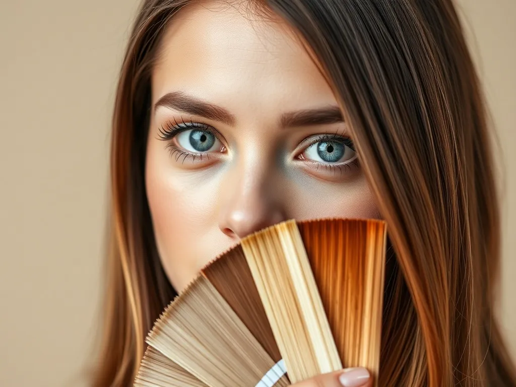 Kobieta o niebieskich oczach przykłada wachlarz próbek koloru włosów, dobierając idealny odcień do swojej urody