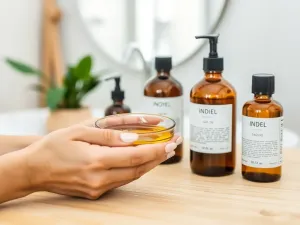 Dłonie kobiety z miseczką olejku i drewnianym grzebieniem na stole, w tle łazienka i buteleczki różnych olejów do włosów