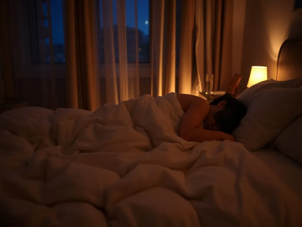 Przytulna sypialnia nocą z osobą spokojnie śpiącą w łóżku, podkreślająca znaczenie regenerującego snu dla zdrowia.