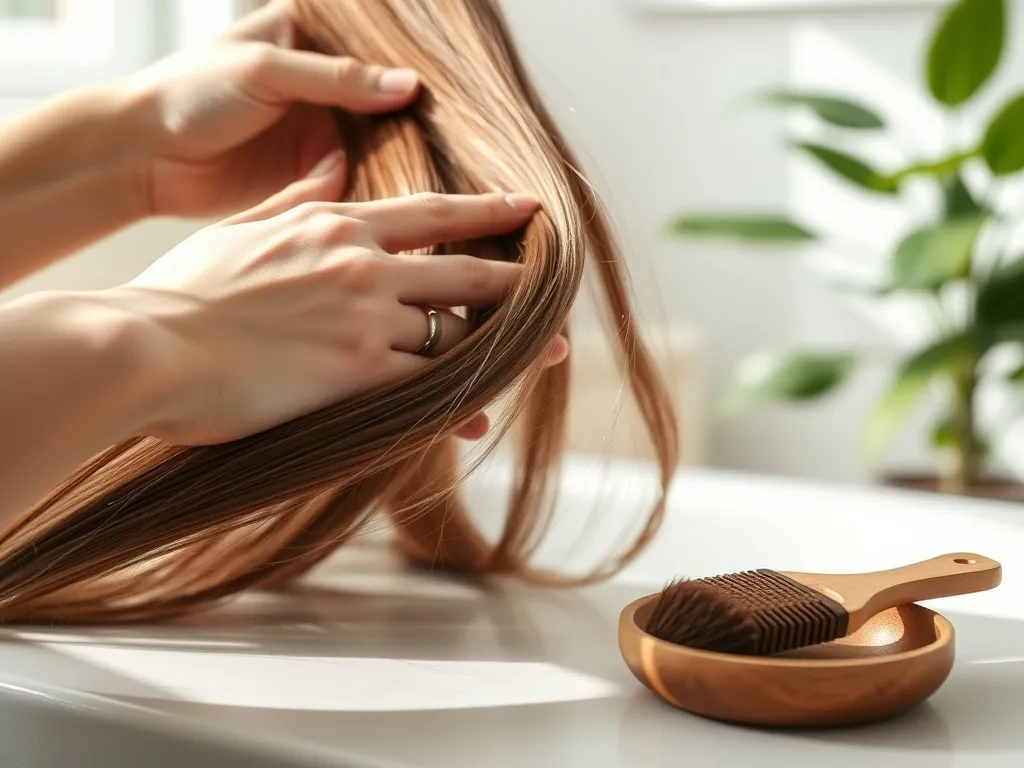 Lśniące, zdrowe pasma włosów obok drewnianego grzebienia i pędzelka z farbą, podkreślające łagodne farbowanie.