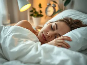 Osoba spokojnie śpiąca w przytulnej sypialni, symbol zdrowego snu i regeneracji organizmu.