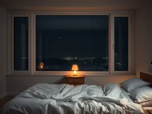 Przytulna sypialnia nocą z niepościelonym łóżkiem, podkreślająca znaczenie spokojnego snu dorosłego człowieka