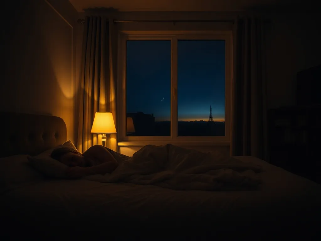 Osoba spokojnie śpi w przytulnej, przyciemnionej sypialni nocą, symbolizując zdrowy, regenerujący sen o odpowiednich porach.