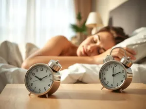 Osoba spokojnie śpiąca nocą w przytulnej sypialni, podkreślająca znaczenie odpowiednio długiego snu głębokiego.