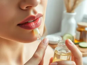 Zadbane, nawilżone usta kobiety podczas aplikacji naturalnego olejku do ust, w tle domowe składniki do pielęgnacji.