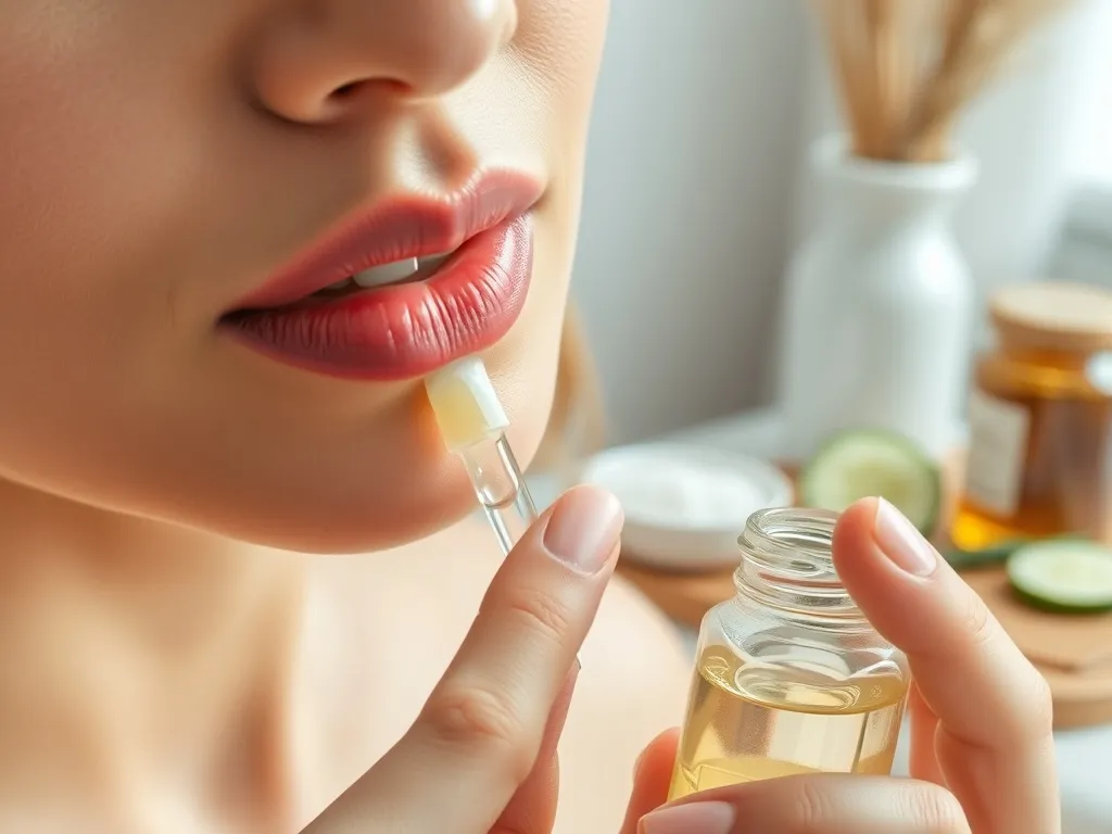 Zadbane, nawilżone usta kobiety podczas aplikacji naturalnego olejku do ust, w tle domowe składniki do pielęgnacji.