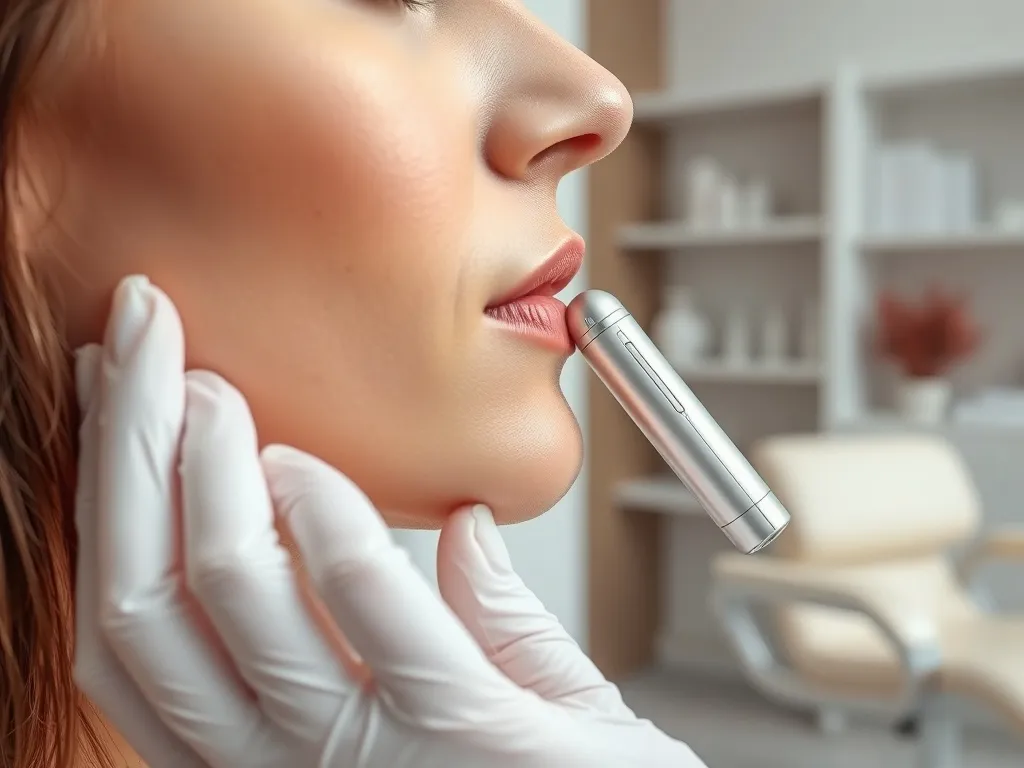 Kosmetolog przykłada nowoczesne urządzenie do policzka kobiety podczas mezoterapii bezigłowej w gabinecie kosmetycznym.