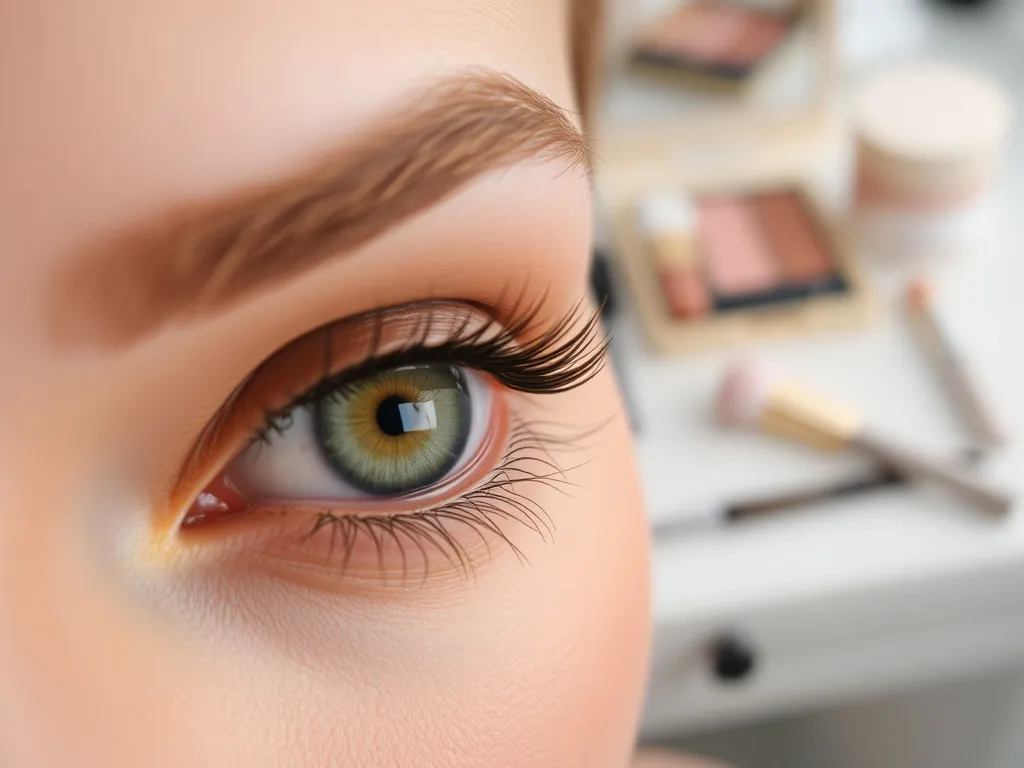 Zbliżenie zielonego oka z ciepłymi brązowo‑brzoskwiniowymi cieniami, pokazujące makijaż podkreślający kolor tęczówki.