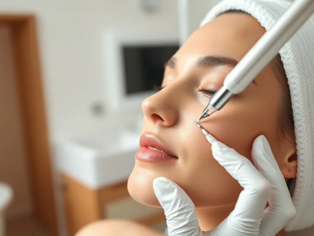 Kobieta w gabinecie kosmetologicznym poddawana mezoterapii mikroigłowej twarzy dla poprawy kondycji i odmłodzenia skóry.