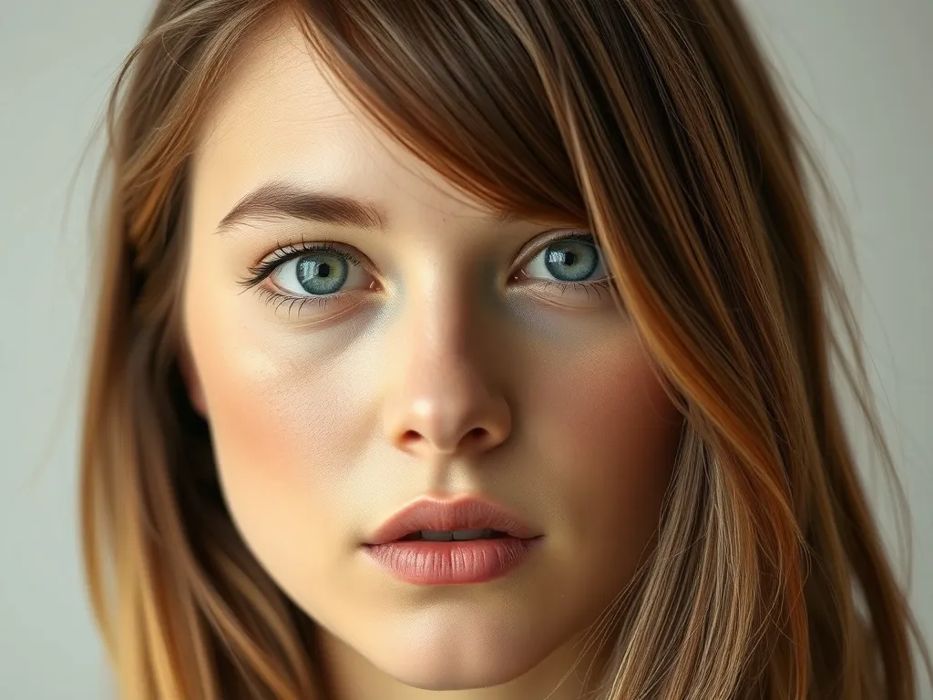 Twarz młodej kobiety o szarych oczach, z włosami w trzech odcieniach blond i brązu, pokazująca różne kolory do szarych oczu