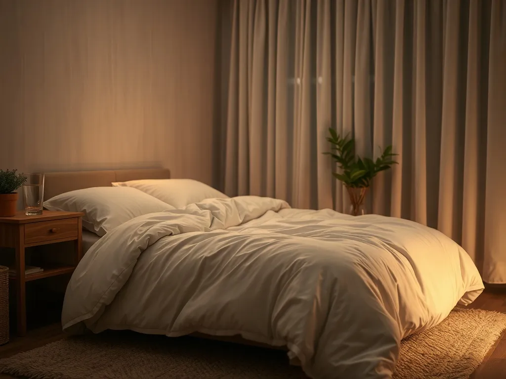 Przytulna, minimalistyczna sypialnia nocą z ciepłym oświetleniem, zachęcająca do relaksu i poprawy jakości snu