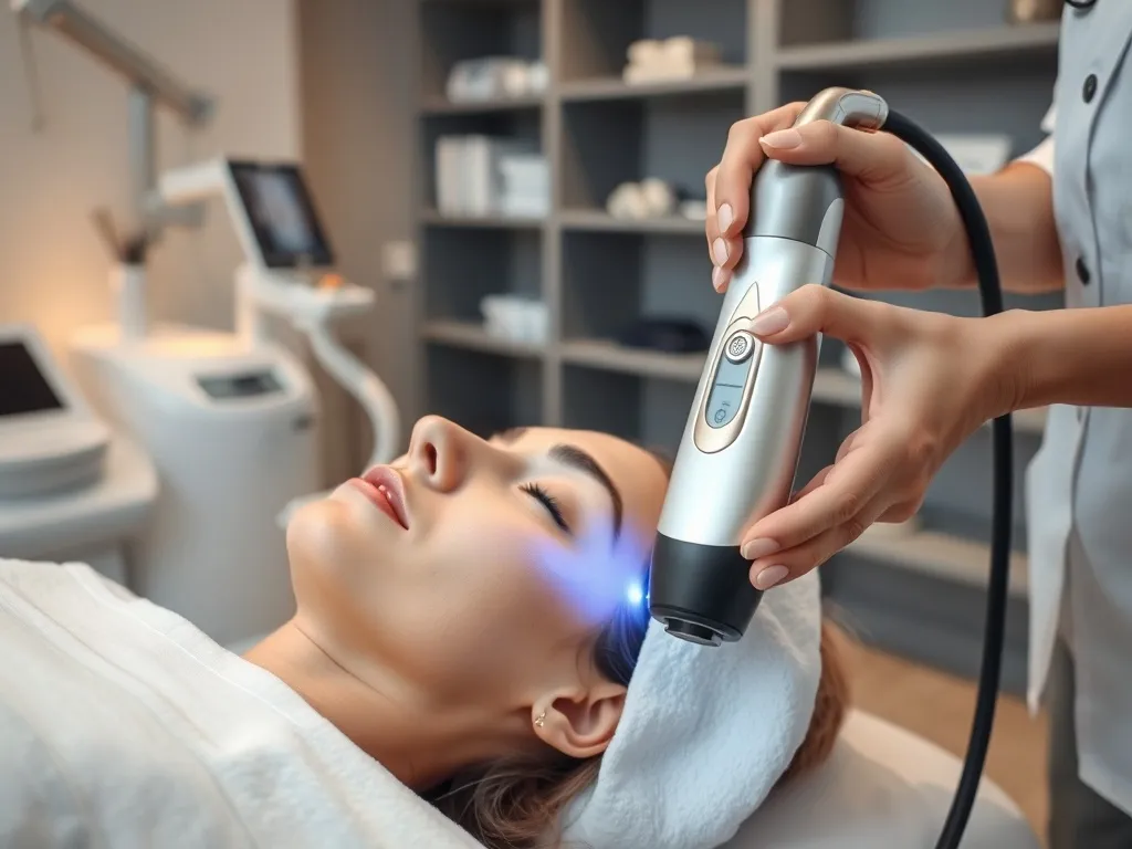 Kosmetolog przykłada nowoczesny laser frakcyjny do twarzy pacjentki w spokojnym, sterylnym gabinecie zabiegowym