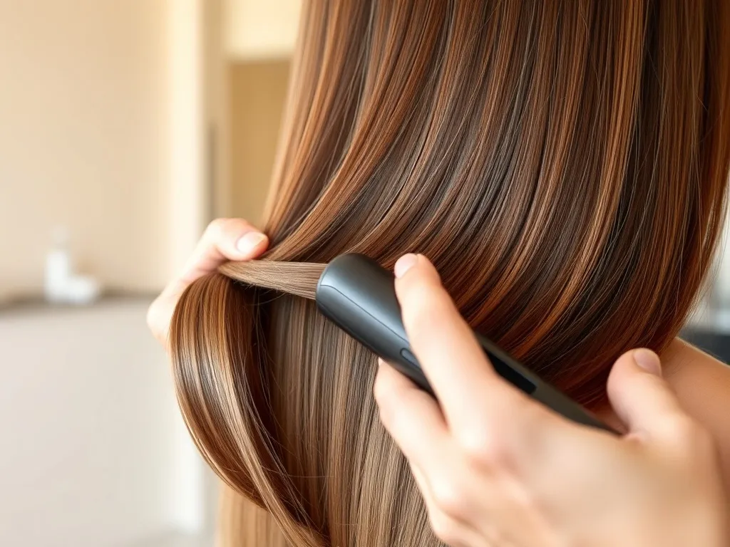 Gładkie, lśniące włosy podczas zabiegu keratynowego prostowania, podkreślające efekt zdrowych, prostych pasm