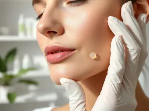 Kobieta w gabinecie medycyny estetycznej, lekarz nakłada stymulator tkankowy na policzek, spokojna i profesjonalna atmosfera.