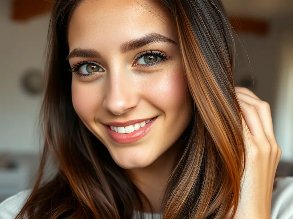 Kobieta o piwnych oczach prezentuje trzy odcienie brązowych włosów: czekoladowy, karmelowy i kasztanowy