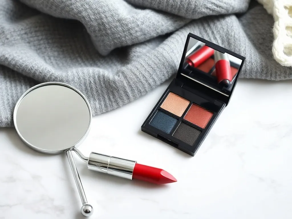 Elegancki flat lay kosmetyków w chłodnych odcieniach zimy na tle szarego szalika i białego swetra, podkreślający typ urody.