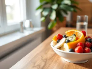 Miseczka świeżych owoców – banan, kiwi, pomarańcza i jagody – jako zdrowe wsparcie w naturalnym obniżaniu ciśnienia krwi