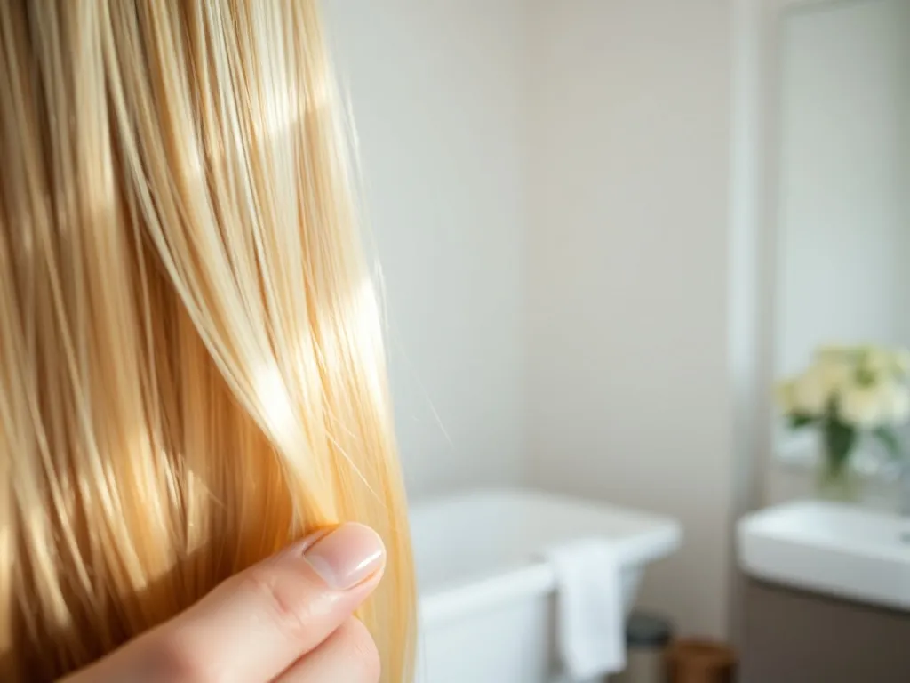 Lśniące, zdrowe blond włosy trzymane w palcach, podkreślające gładkość i dobrą kondycję po dekoloryzacji