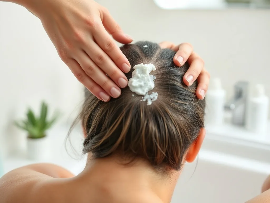 Dłonie kobiety delikatnie masują peeling w mokrą skórę głowy, podkreślając oczyszczanie i pielęgnację skóry głowy