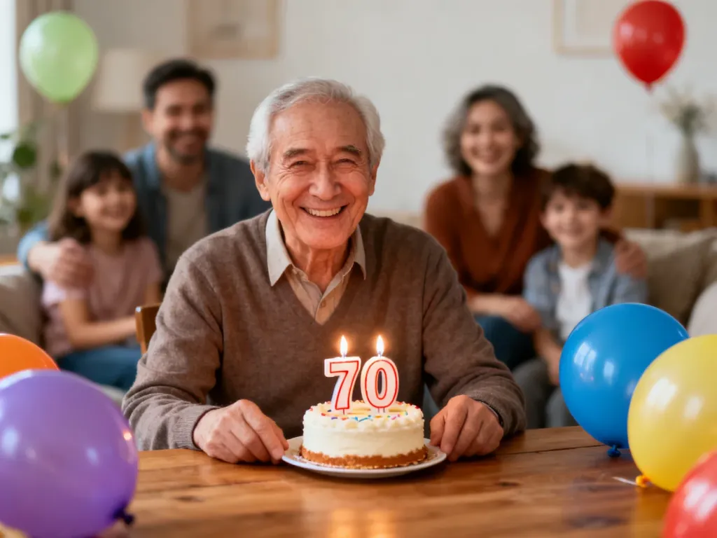 Uśmiechnięty 70‑latek przy torcie z świeczkami „70”, w otoczeniu balonów i rodziny świętującej jego urodziny.