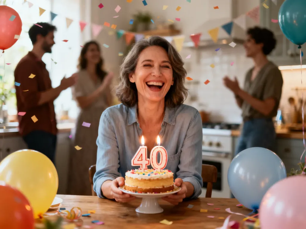 Uśmiechnięta 40-latka przy torcie z cyfrą 40, w otoczeniu balonów i znajomych, w radosnej, lekkiej atmosferze przyjęcia.