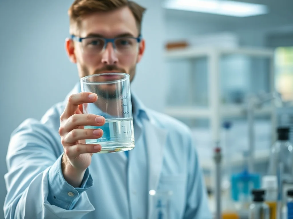 Mężczyzna w laboratorium trzyma szklany cylinder z płynem, ilustrując proces precyzyjnego odmierzania objętości cieczy.
