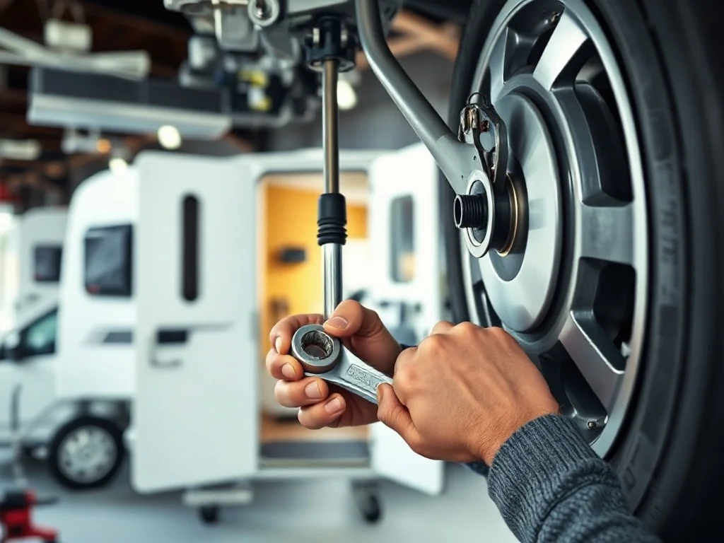 Mechanik wykonuje przegląd techniczny podwozia przyczepy kempingowej w profesjonalnym warsztacie.